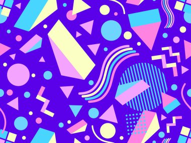 Geometric seamless pattern in 80s memphis style with 3D shapes. Three-dimensional triangles. Design for promotional products, wrapping paper, brochures and printing. Vector illustration