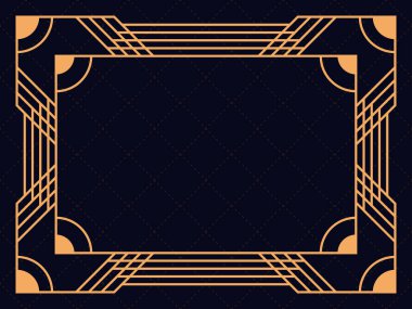 Art deco çerçeve. Klasik doğrusal sınır. Davetiyeler, broşürler ve tebrik kartları için bir şablon tasarla. Geometrik altın çerçeveli. 1920 'lerin tarzı - 1930' lar. Vektör illüstrasyonu