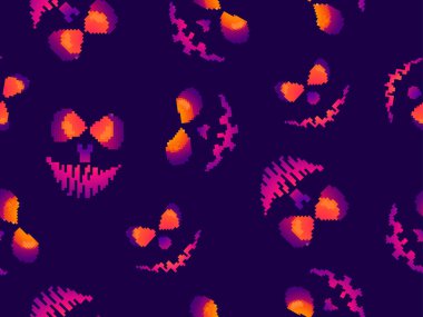 Piksel korkunç yüz, parlayan gözler, pürüzsüz desen. Balkabağına oyulmuş şeytani korkunç gözler. 2D 90ların 8- bit video oyunu. Oyunlar, uygulamalar, afişler ve posterler için tasarım. Vektör illüstrasyonu