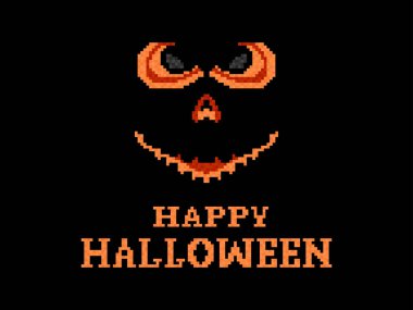 Mutlu Cadılar Bayramı korkunç balkabağı surat pikseli sanat stili. Balkabağına oyulmuş şeytani korkunç gözler. 2D 90ların 8- bit video oyunu. Oyunlar, uygulamalar, afişler ve posterler için tasarım. Vektör illüstrasyonu