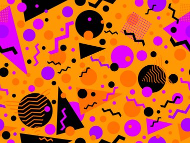 80 'lerin memphis tarzında geometrik kusursuz desen. Cadılar Bayramı renkleri, turuncu ve siyah. Promosyon ürünleri, ambalaj kağıdı, broşür ve baskı için tasarım. Vektör illüstrasyonu