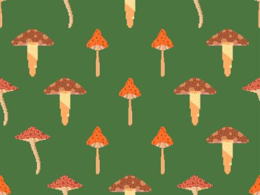 Piksel sanat tarzında pürüzsüz mantarlar. Mantarlar 8bit 90 'ların video oyunu tarzında 2D. Yeşil arka planda kırmızı başlıklı mantarlar. Uygulamalar, afişler ve posterler için tasarım. Vektör illüstrasyonu