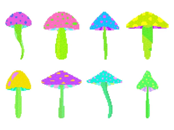 Cogumelos Coloridos Pixel Estilo Arte Ícone Conjunto Isolado Fundo Branco — Vetor de Stock