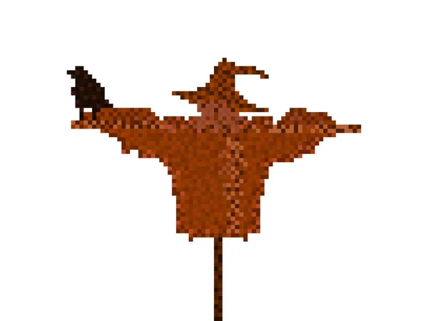 Vogelscheuche Mit Krähe Pixelstil Isoliert Auf Weißem Hintergrund Halloween Vogelscheuche — Stockvektor