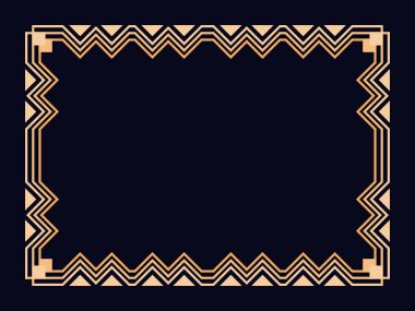 Art deco çerçeve. Klasik doğrusal sınır. Davetiyeler, broşürler ve tebrik kartları için bir şablon tasarla. Geometrik altın çerçeveli. 1920 'lerin tarzı - 1930' lar. Vektör illüstrasyonu
