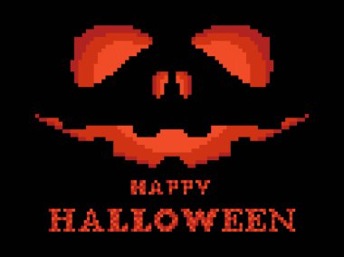 Mutlu Cadılar Bayramı korkunç balkabağı surat pikseli sanat stili. Balkabağına oyulmuş şeytani korkunç gözler. 2D 90ların 8- bit video oyunu. Oyunlar, uygulamalar, afişler ve posterler için tasarım. Vektör illüstrasyonu