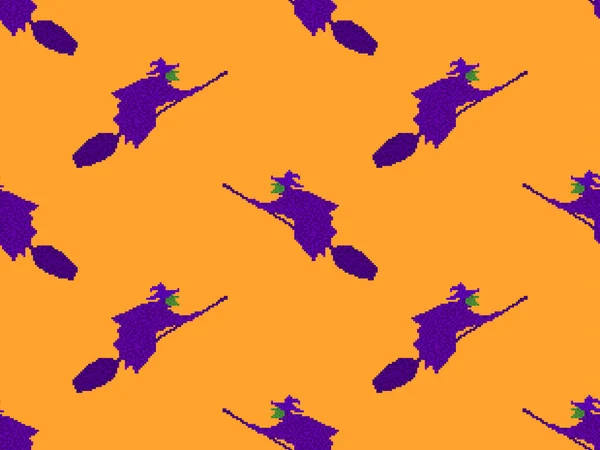 Безшовний Візерунок Відьмою Летить Мітлі Стилі Піксельного Мистецтва Літаюча Відьма — стоковий вектор