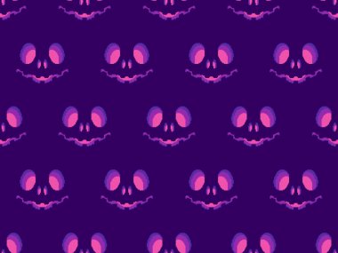 Piksel şeklinde parlayan gözleri olan korkunç Cadılar Bayramı suratı. 8-bit 80-90 'ların bilgisayar oyunu tarzında balkabağına oyulmuş korkunç yüzleri olan kusursuz desen. Başvurular ve afişler için tasarım. Vektör illüstrasyonu