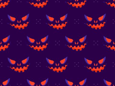 Piksel şeklinde parlayan gözleri olan korkunç Cadılar Bayramı suratı. 8-bit 80-90 'ların bilgisayar oyunu tarzında balkabağına oyulmuş korkunç yüzleri olan kusursuz desen. Başvurular ve afişler için tasarım. Vektör illüstrasyonu