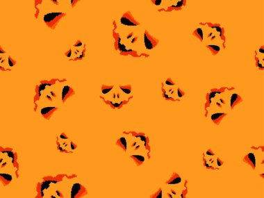 Piksel şeklinde parlayan gözleri olan korkunç Cadılar Bayramı suratı. 8-bit 80-90 'ların bilgisayar oyunu tarzında balkabağına oyulmuş korkunç yüzleri olan kusursuz desen. Başvurular ve afişler için tasarım. Vektör illüstrasyonu