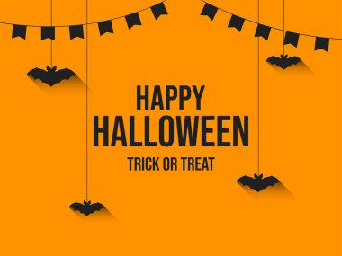 31 Ekim Cadılar Bayramın kutlu olsun, şeker mi şaka mı? Yarasaları düz bir şekilde asmak. Bayrakların çelengi. Afişler, posterler ve promosyon ürünleri için tasarım. Vektör illüstrasyonu