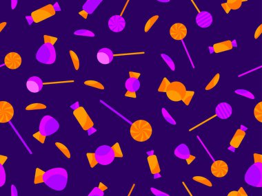 Cadılar Bayramı şekerleri kusursuz. Şeker mi şaka mı? Mor ve turuncu ambalajlı şekerler. Şekerler ve lolipoplar. Tebrik kartları, posterler ve ambalaj kağıtları için tasarım. Vektör illüstrasyonu