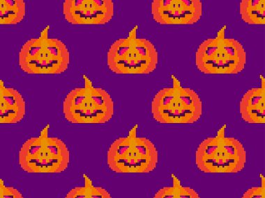 Cadılar Bayramı 'nda pürüzsüz desen için oyulmuş yüzleri olan pikselleşmiş balkabakları. Piksel sanat tarzında 8 bit Cadılar Bayramı balkabağı. Kumaş, ambalaj kağıdı ve dekorasyon üzerine baskı yapmak için tasarlandı. Vektör illüstrasyonu