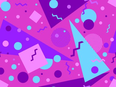 80 'lerin memphis tarzında geometrik şekilli kusursuz desen. Renkli geometrik desen. Promosyon ürünleri tasarımı, ambalaj kağıdı ve baskı. Vektör illüstrasyonu