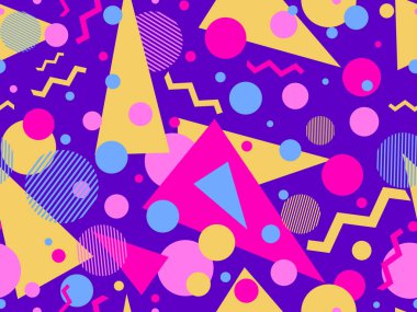 80 'lerin memphis tarzında geometrik şekilli kusursuz desen. Renkli geometrik desen. Promosyon ürünleri tasarımı, ambalaj kağıdı ve baskı. Vektör illüstrasyonu