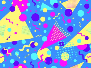 80 'lerin memphis tarzında geometrik şekilli kusursuz desen. Renkli geometrik desen. Promosyon ürünleri tasarımı, ambalaj kağıdı ve baskı. Vektör illüstrasyonu