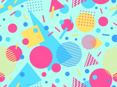 80 'lerin memphis tarzında geometrik şekilli kusursuz desen. Renkli geometrik desen. Promosyon ürünleri tasarımı, ambalaj kağıdı ve baskı. Vektör illüstrasyonu