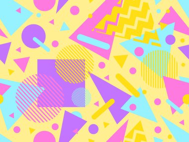 80 'lerin memphis tarzında geometrik şekilli kusursuz desen. Renkli geometrik desen. Promosyon ürünleri tasarımı, ambalaj kağıdı ve baskı. Vektör illüstrasyonu