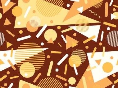 80 'lerin memphis tarzında geometrik şekilli kusursuz desen. Renkli geometrik desen. Promosyon ürünleri tasarımı, ambalaj kağıdı ve baskı. Vektör illüstrasyonu