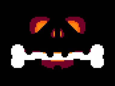 Cadılar Bayramı oyulmuş yüzü ve ağzında pikselle yapılmış bir kemik. 80lerden kalma 8bit video oyunu grafikleriyle korkunç bir yüz. Tebrik kartı, uygulama ve posterler için tasarım. Vektör illüstrasyonu