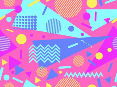 80 'lerin memphis tarzında geometrik şekilli kusursuz desen. Renkli geometrik desen. Promosyon ürünleri tasarımı, ambalaj kağıdı ve baskı. Vektör illüstrasyonu
