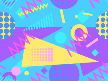 80 'lerin memphis tarzında geometrik şekilli kusursuz desen. Renkli geometrik desen. Promosyon ürünleri tasarımı, ambalaj kağıdı ve baskı. Vektör illüstrasyonu