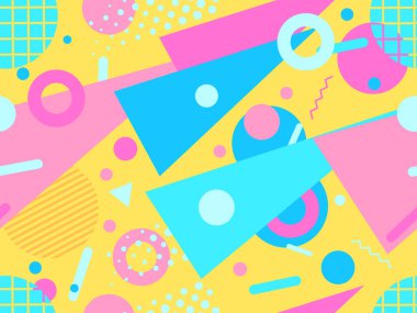 80 'lerin memphis tarzında geometrik şekilli kusursuz desen. Renkli geometrik desen. Promosyon ürünleri tasarımı, ambalaj kağıdı ve baskı. Vektör illüstrasyonu