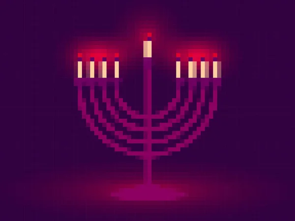 Feliz Hanukkah Menorah Con Nueve Velas Estilo Pixel Art Menorah — Vector de stock