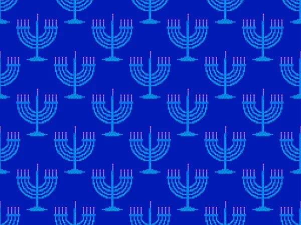 Menorá Pixelado Com Nove Velas Hanukkah Padrão Sem Costura Happy — Vetor de Stock