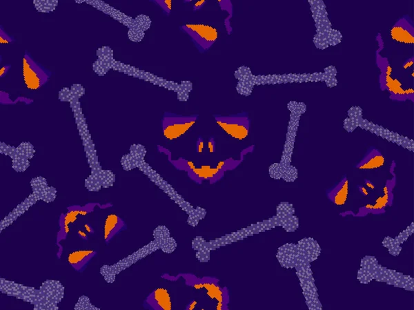 Halloween Seamless Pattern Carved Face Bones Pixel Art Style Evil — Stock Vector