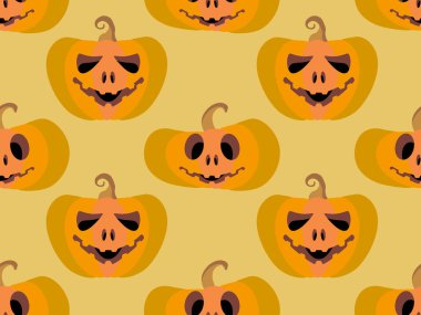 Cadılar Bayramı balkabakları kusursuz desen. Cadılar Bayramı oyulmuş kabak surat. 31 Ekim Cadılar Bayramın kutlu olsun, şeker mi şaka mı? Baskı, posterler ve afişler için tasarım. Vektör illüstrasyonu