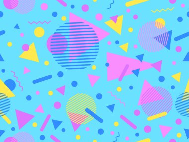 80 'lerin memphis tarzında geometrik şekilli kusursuz desen. Renkli geometrik desen. Promosyon ürünleri tasarımı, ambalaj kağıdı ve baskı. Vektör illüstrasyonu
