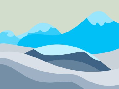 Karlı tepeli kış manzarası. Dağ manzarası düz, kış soğuk havası. Karlı tepelerin manzarası. Posterler, seyahat acenteleri ve promosyon ürünleri için tasarım. Vektör illüstrasyonu