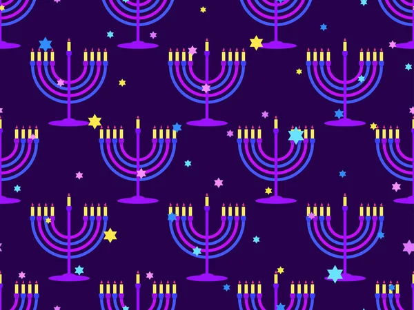 Modèle Sans Couture Avec Menorah Avec Neuf Bougies Hanoukka Étoiles — Image vectorielle