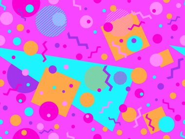 80 'lerin memphis tarzında geometrik kusursuz desen. Renkli çok renkli soyut geometrik desen. Promosyon ürünleri tasarımı, ambalaj kağıdı ve baskı. Vektör illüstrasyonu