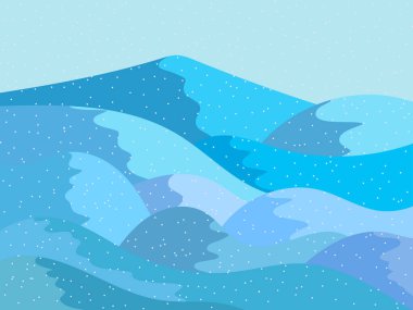 Karlı tepeli kış manzarası. Dağ manzarası düz, kış soğuk havası. Karlı tepelerin manzarası. Posterler, seyahat acenteleri ve promosyon ürünleri için tasarım. Vektör illüstrasyonu