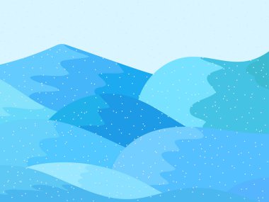 Karlı tepeli kış manzarası. Dağ manzarası düz, kış soğuk havası. Karlı tepelerin manzarası. Posterler, seyahat acenteleri ve promosyon ürünleri için tasarım. Vektör illüstrasyonu