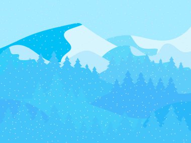 Kış manzarası, karlı tepeler ve yılbaşı ağaçları. Dağ manzarası düz, kış soğuk havası. Posterler, seyahat acenteleri ve promosyon ürünleri için tasarım. Vektör illüstrasyonu
