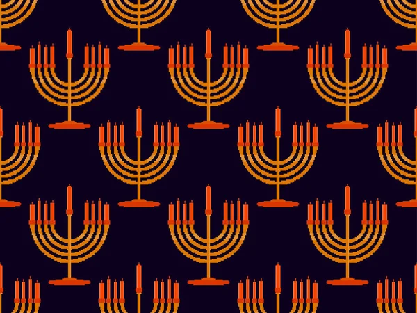Pixelated Menorah Nine Hanukkah Candles Seamless Pattern Šťastné Přivítání Chanuky — Stockový vektor