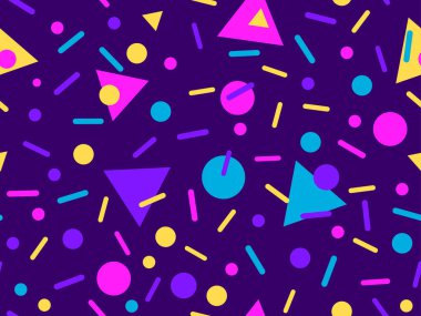 80 'lerin memphis tarzında geometrik kusursuz desen. Renkli çok renkli soyut geometrik desen. Promosyon ürünleri tasarımı, ambalaj kağıdı ve baskı. Vektör illüstrasyonu