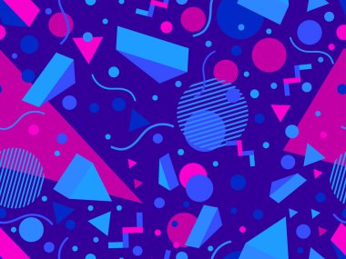 80 'lerin memphis tarzında geometrik kusursuz desen. Renkli çok renkli soyut geometrik desen. Promosyon ürünleri tasarımı, ambalaj kağıdı ve baskı. Vektör illüstrasyonu