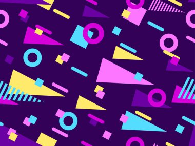 80 'lerin memphis tarzında geometrik şekilli kusursuz desen. Renkli geometrik desen. Promosyon ürünleri tasarımı, ambalaj kağıdı ve baskı. Vektör illüstrasyonu