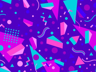 80 'lerin memphis tarzında 3 boyutlu geometrik kusursuz desen. Renkli arka plan ve izometrik geometrik şekiller. Promosyon ürünleri, ambalaj kağıdı, broşür ve baskı için tasarım. Vektör illüstrasyonu