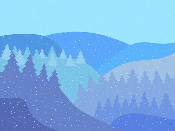 Winter landscape with snowy hills and christmas trees. Mountain landscape in flat style, winter cold weather. Design for posters, travel agencies and promotional items. Vector illustration