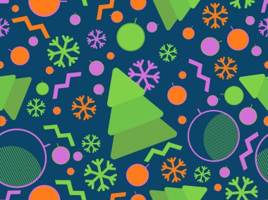 80 'lerin tarzında Noel süslemeleri ve geometrik şekilleri olan kusursuz bir Noel deseni. Kutlama kartları, ambalaj kağıtları ve afişler için şenlikli bir zemin. Vektör illüstrasyonu