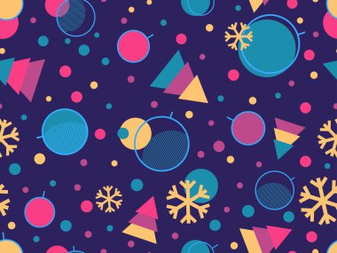 Noel Dikişsiz desen memphis kar taneleri ve köknar ağaçları ile. Broşür, promosyon malzeme, ambalaj kağıdı ve duvar kağıtları için harika. Vektör çizim