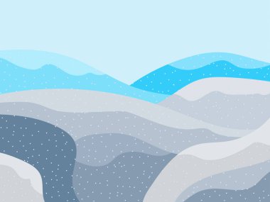 Karlı tepeli kış manzarası. Dağ manzarası düz, kış soğuk havası. Karlı tepelerin manzarası. Posterler, seyahat acenteleri ve promosyon ürünleri için tasarım. Vektör illüstrasyonu