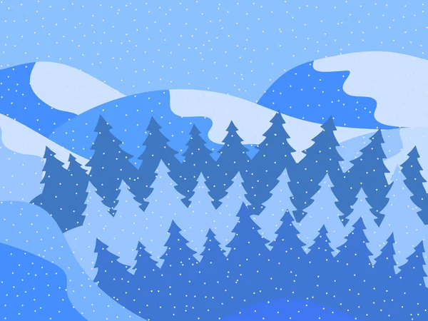 雪の丘やクリスマスツリーと冬の風景 平らなスタイルで山の風景 冬の寒さ ポスター 旅行代理店やプロモーションアイテムのためのデザイン ベクターイラスト — ストックベクタ