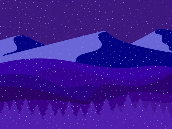 Nachtwinterliche Berglandschaft Mit Fallendem Schnee Berglandschaft Flachen Stil Blick Auf — Stockvektor