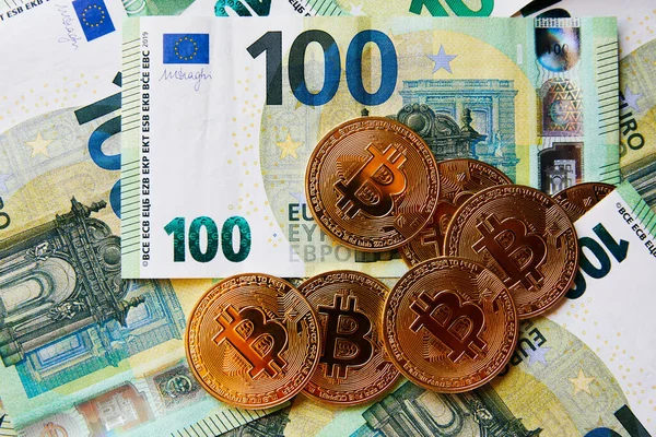 Billetes Euros Concepto Inversión Criptomoneda Bitcoin — Foto de Stock